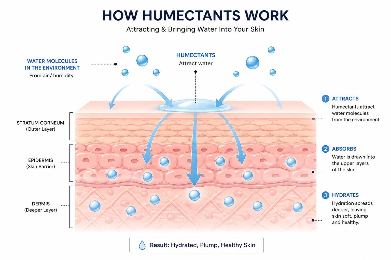 Educational skincare diagram showing humectants attracting water molecules from environment into skin layers, arrows indicating hydration flow, simple dermatology infographic style, clean white background, minimal labels