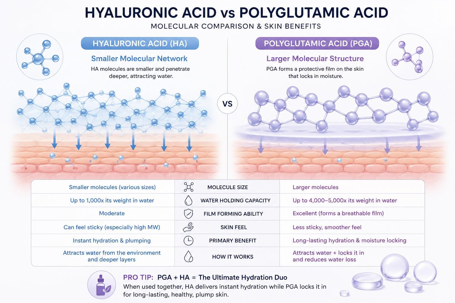 Side-by-side skincare molecular comparison of Hyaluronic Acid and Polyglutamic Acid, showing HA smaller network and PGA larger film-forming structure, cosmetic science infographic, modern clean design, soft pastel tones, professional dermatology chart style