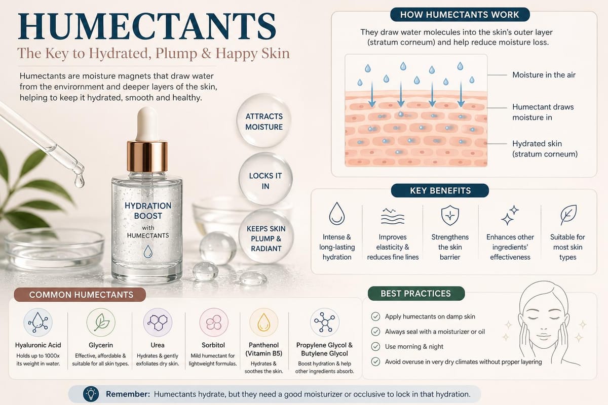 Skincare infographic about humectants showing hydration mechanism, benefits like plump skin, and ingredients like hyaluronic acid, glycerin, and panthenol with usage tips.